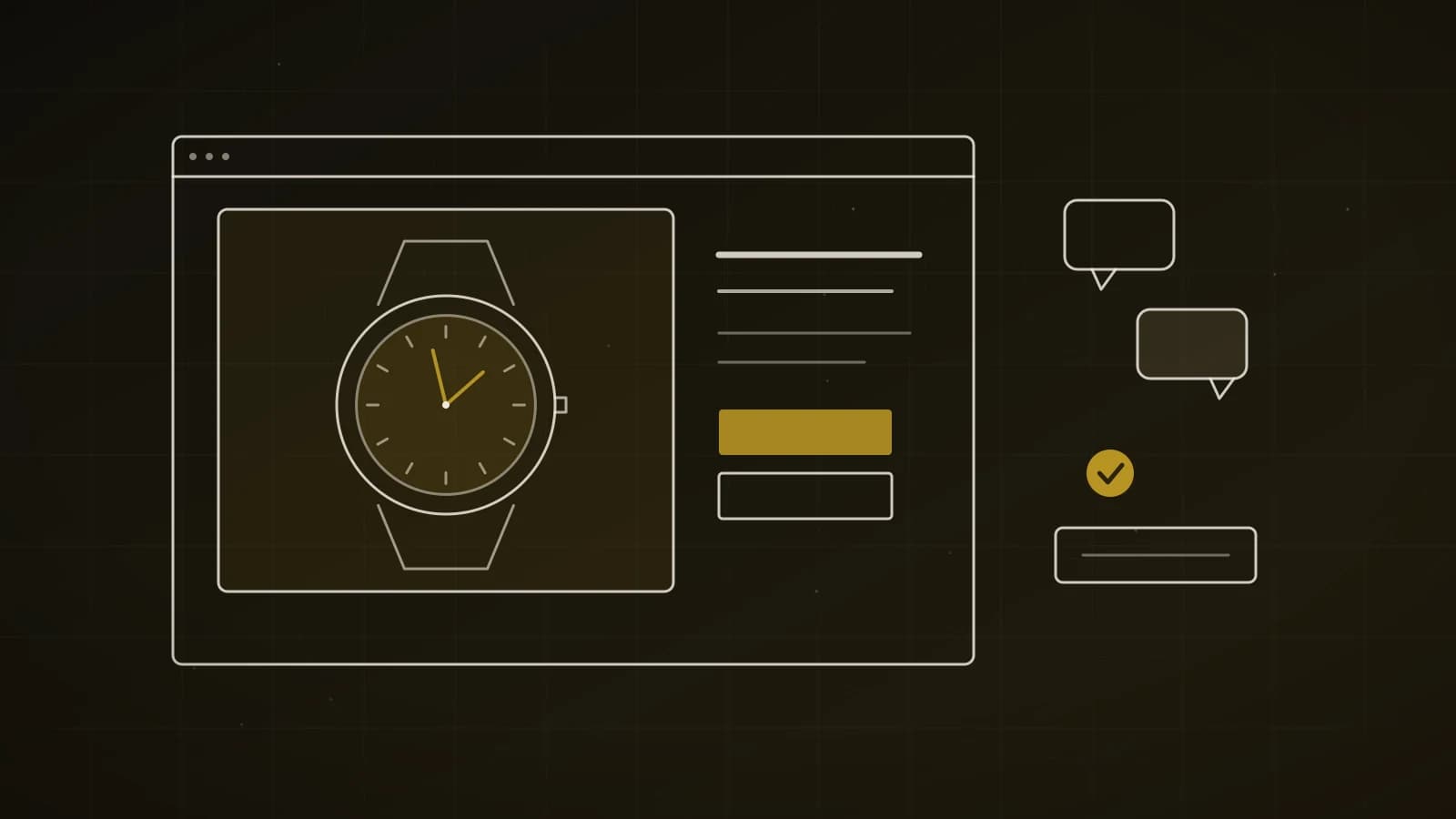 Illustration: dunkles Browserfenster mit Uhr als Hero, Typografie-Zeilen und DE/EN-Umschalter