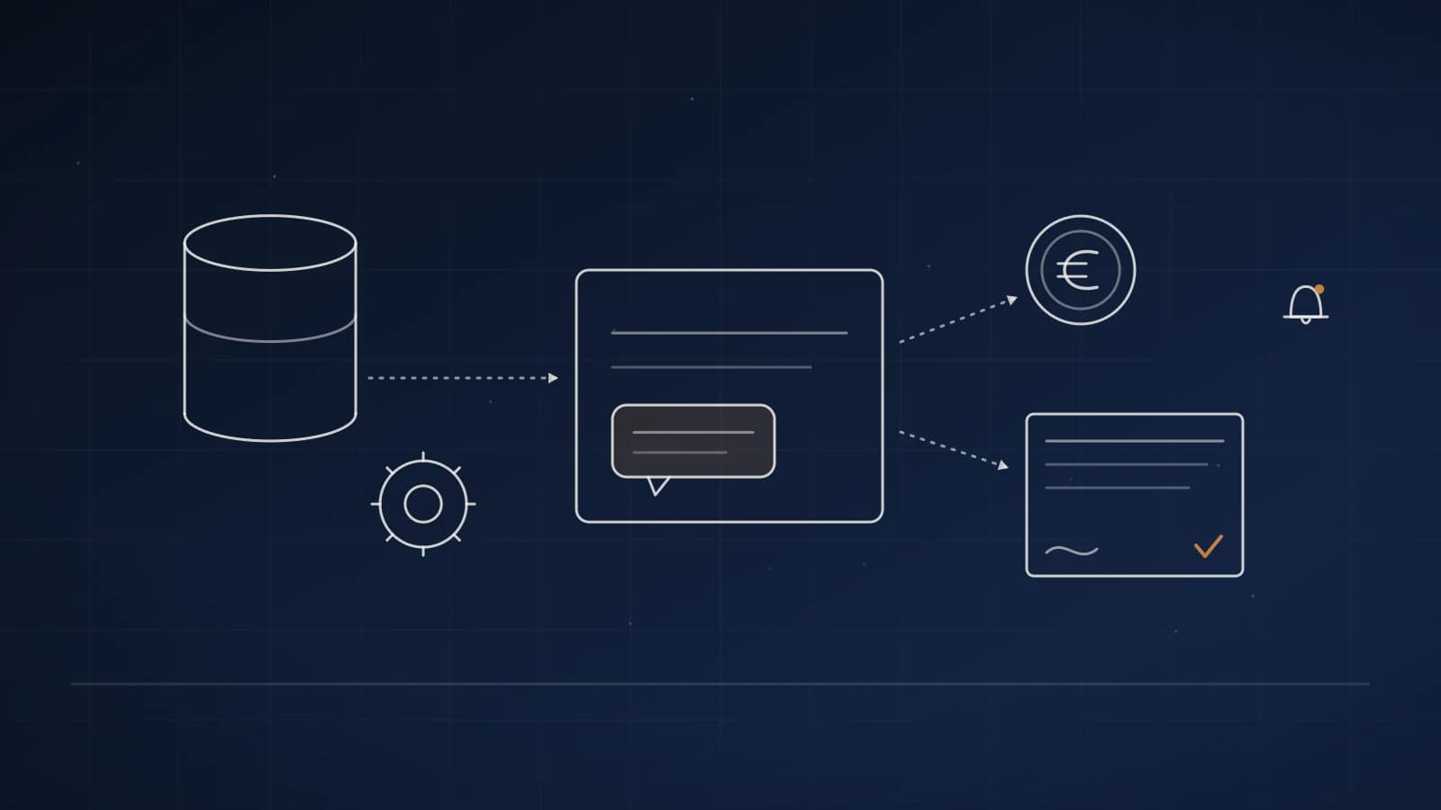 Illustration: Datenbank, Zahnrad und Münze, verbunden mit Nachrichten und Vertrag mit Häkchen