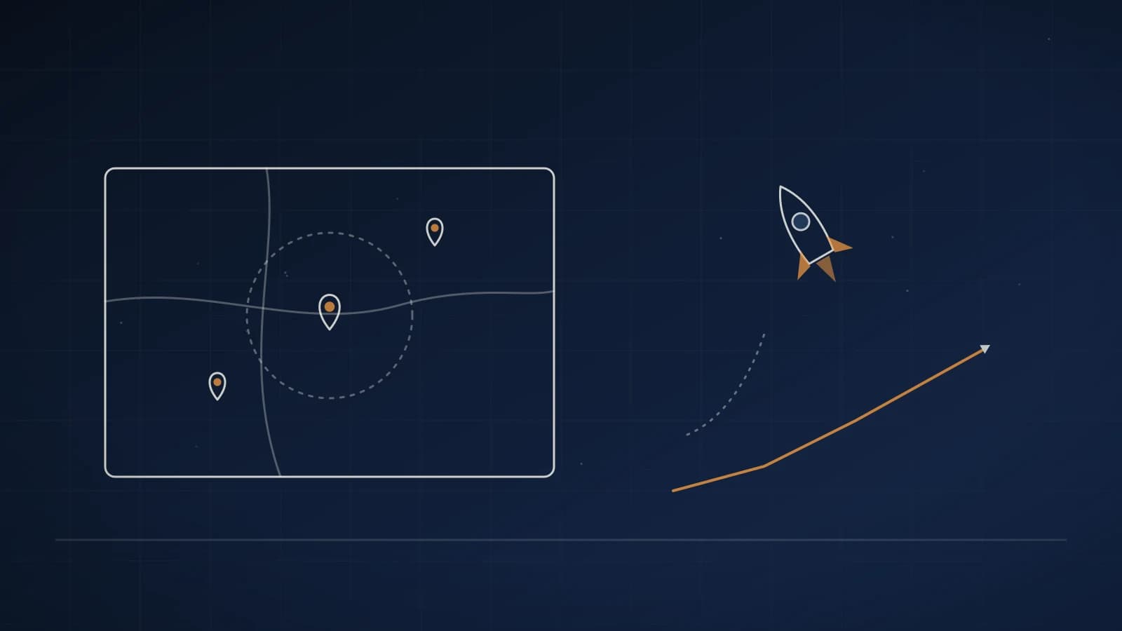 Illustration: Rakete über einer Landkarte mit Standort-Pins und steigender Kurve
