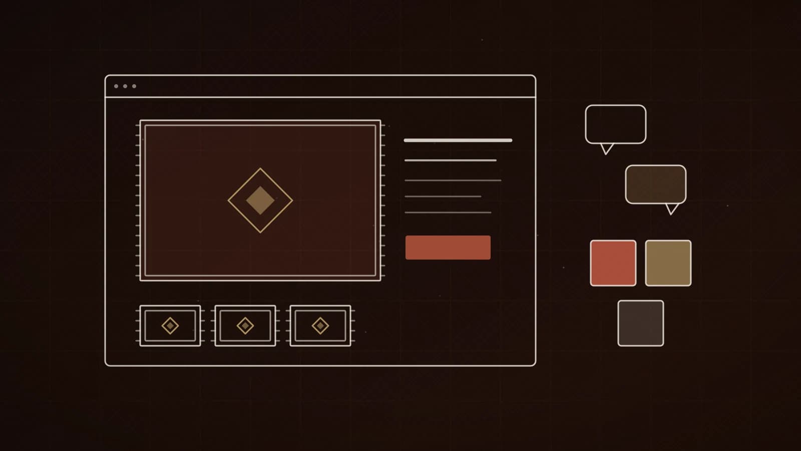 Illustration: Website mit Designer-Teppich als Hero, Galerie-Thumbnails, Farbfeldern und zwei Sprachen