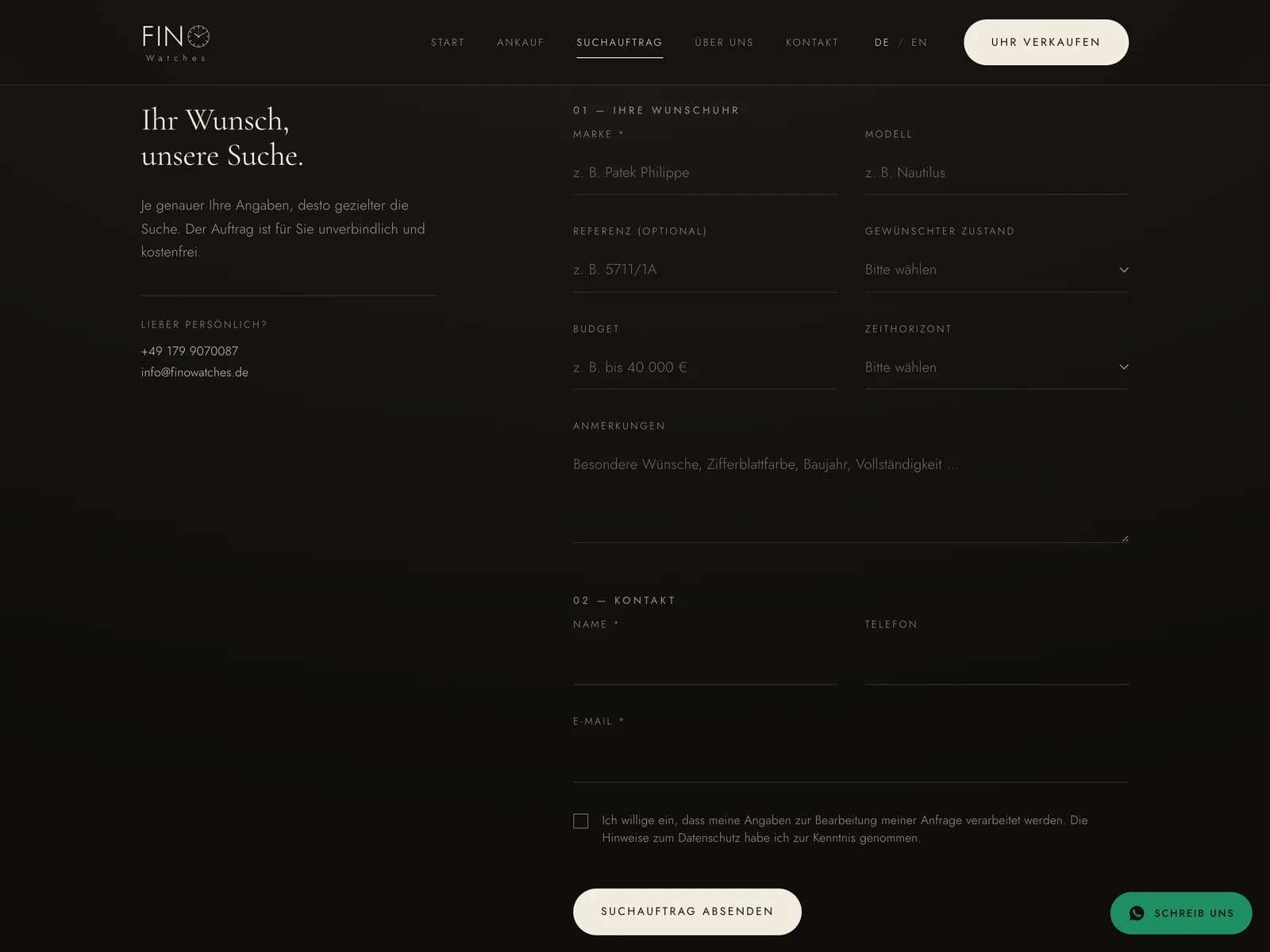 Screenshot: Suchauftrag-Formular mit Feldern für Marke, Modell, Referenz und Budget