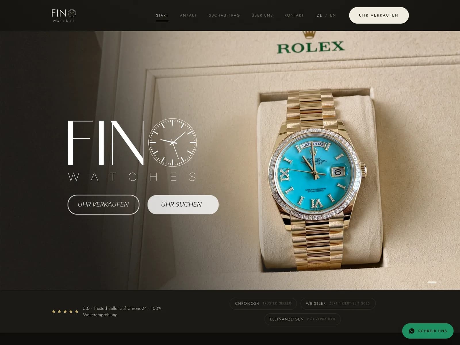 Screenshot: Startseite von finowatches.de mit Rolex Day-Date im Hero und Trust-Badges