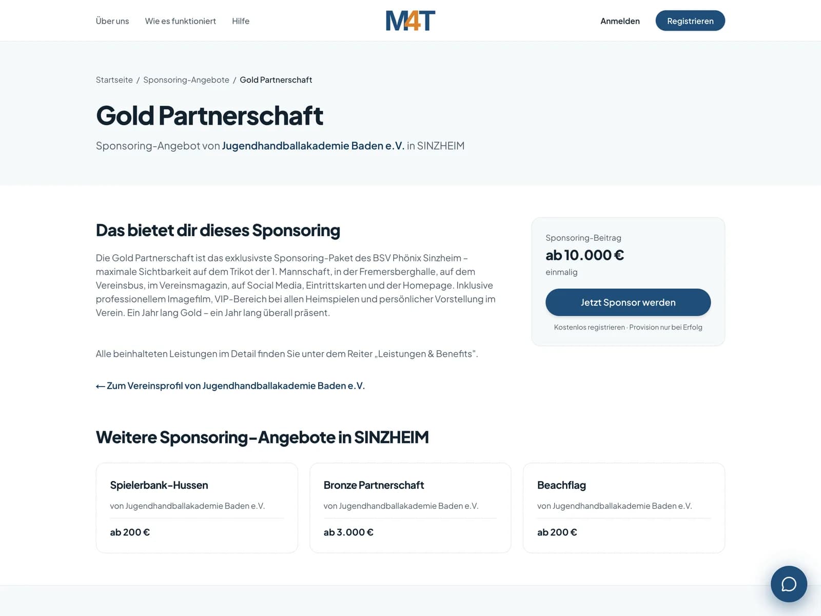 Screenshot: Angebotsseite „Gold Partnerschaft“ mit Sponsoring-Beitrag und Call-to-Action