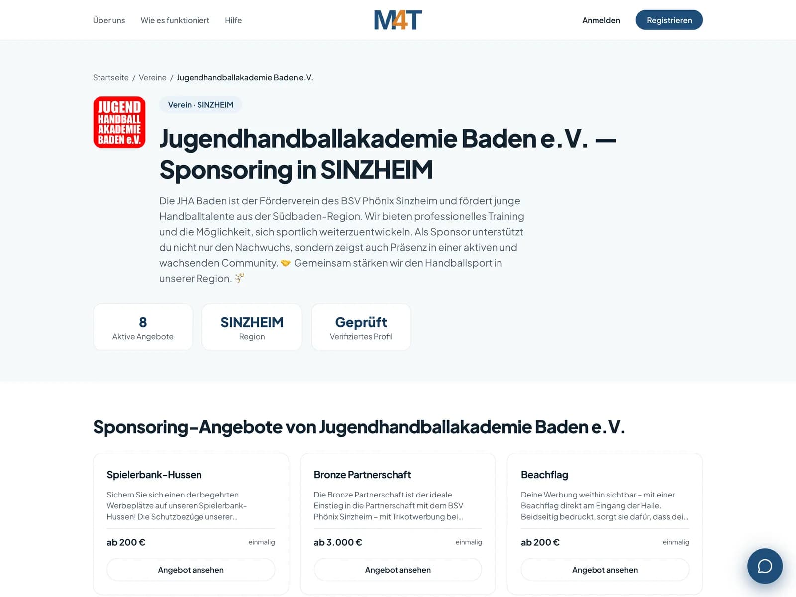 Screenshot: Vereinsprofil der Jugendhandballakademie Baden e.V. mit Sponsoring-Paketen