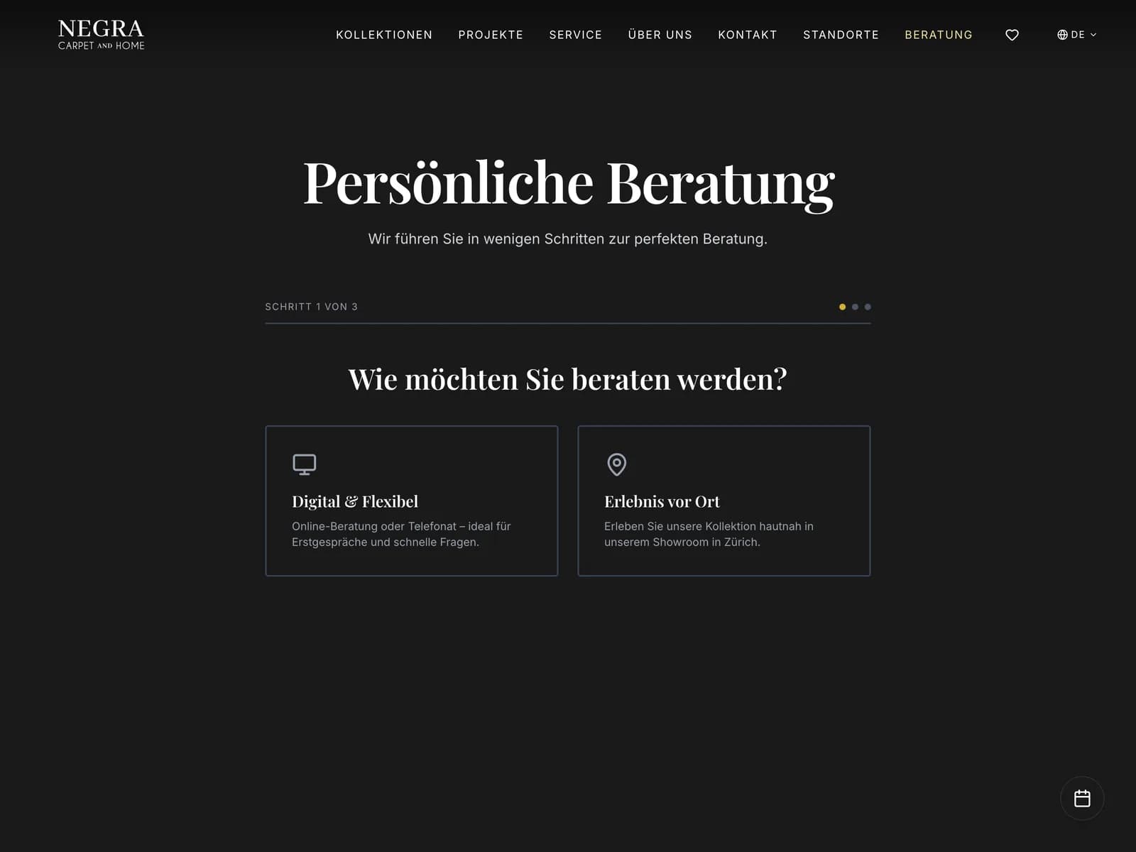 Screenshot: Beratungsanfrage in drei Schritten — digital oder im Showroom vor Ort