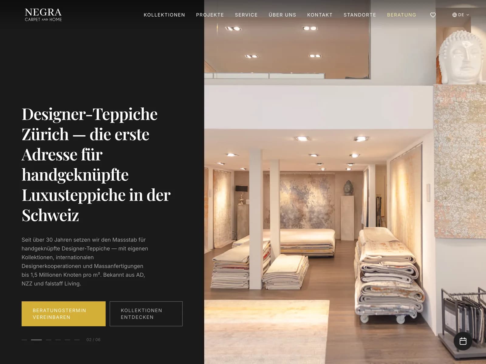 Screenshot: Startseite von negra.ch — Showroom-Foto und Claim „Designer-Teppiche Zürich“
