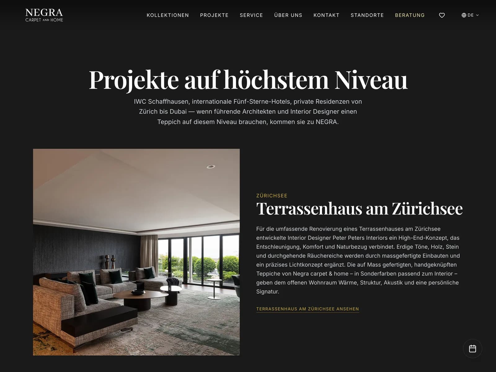 Screenshot: Projektgalerie mit Referenzprojekt „Terrassenhaus am Zürichsee“