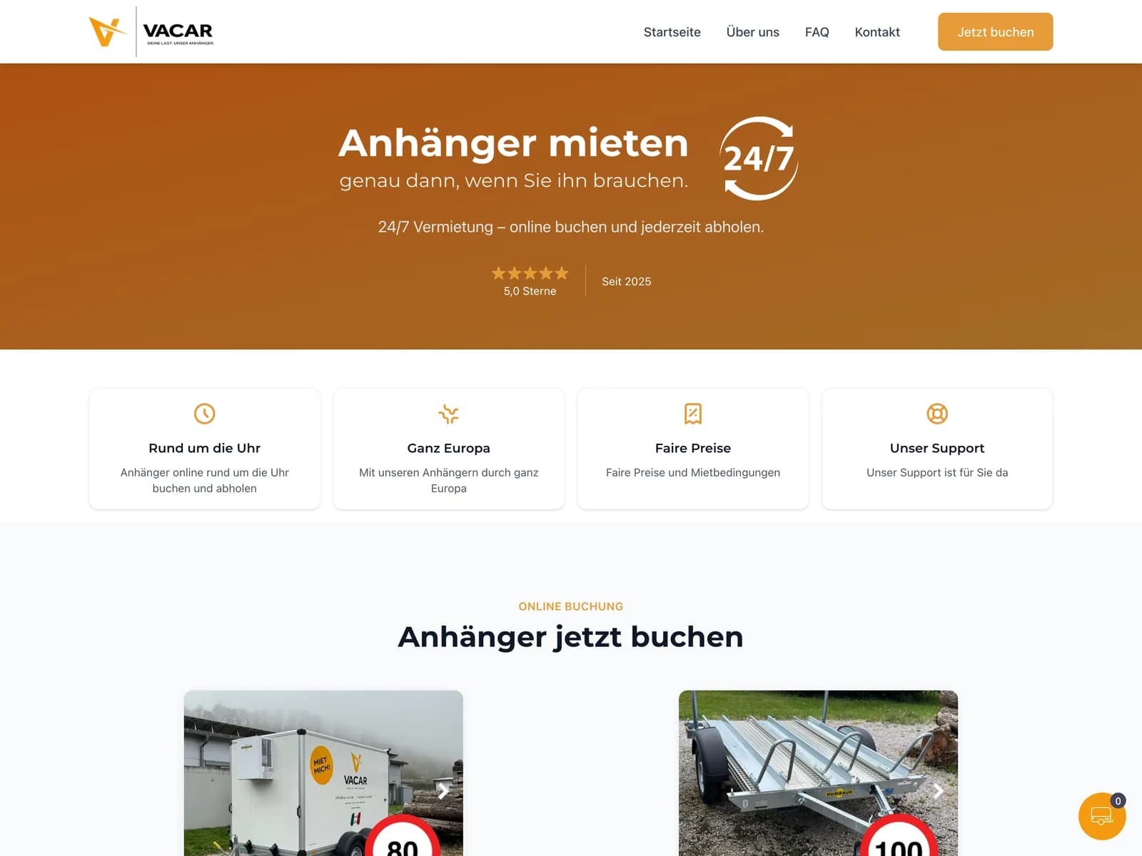 Screenshot: Startseite von va-car.de mit 24/7-Versprechen und 5-Sterne-Bewertung