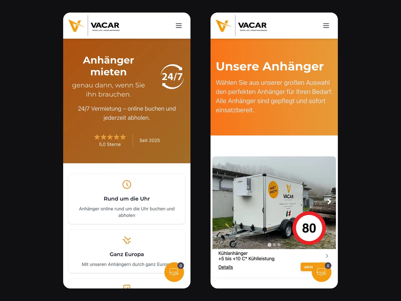 Zwei mobile Ansichten nebeneinander: Startseite und Flottenübersicht auf dem Smartphone