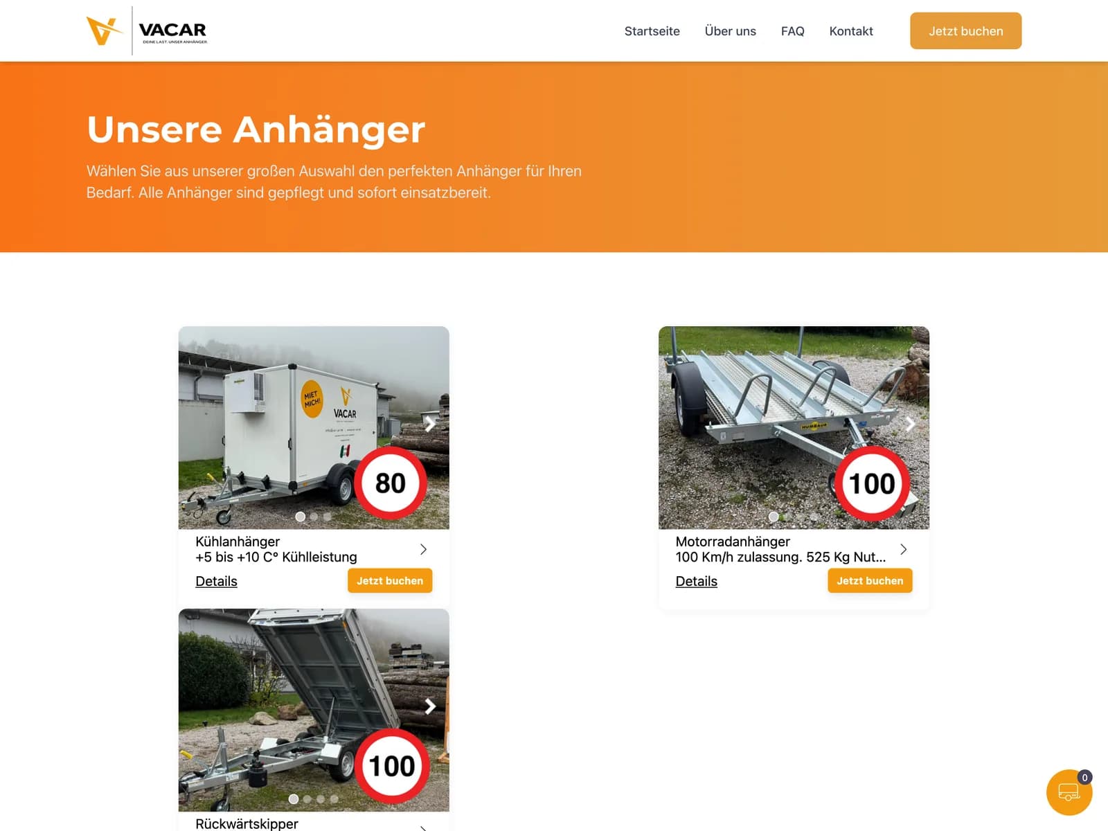 Screenshot: Flottenübersicht „Unsere Anhänger“ mit Kühl-, Motorrad- und Kipperanhänger