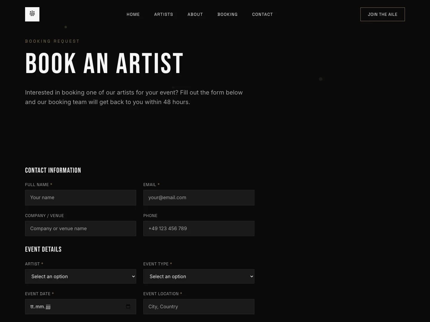 Booking-Formular „Book an Artist“ mit Kontaktdaten und Event-Details