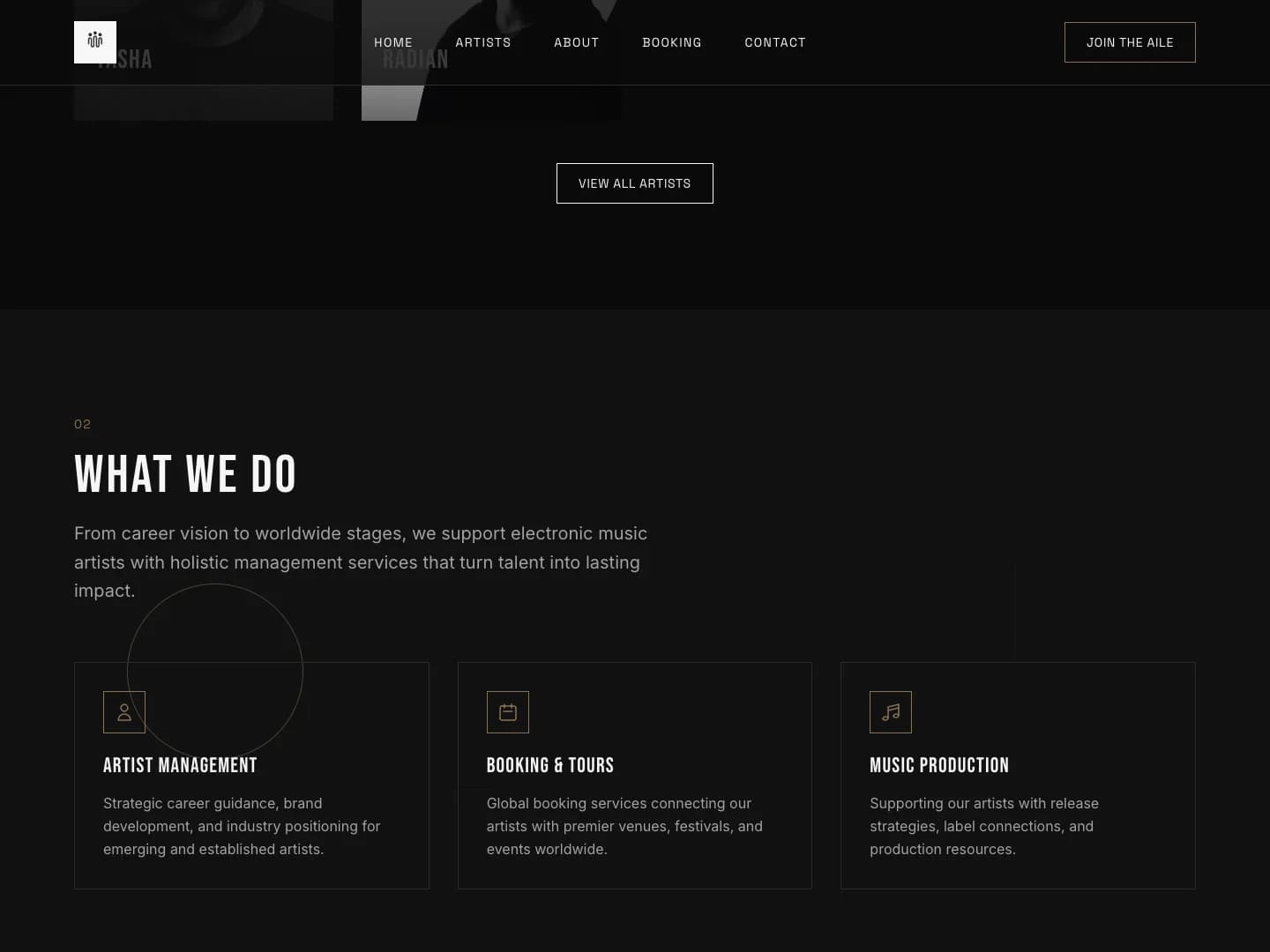 Service-Übersicht „What We Do“ mit den drei Leistungen Artist Management, Booking & Tours und Music Production