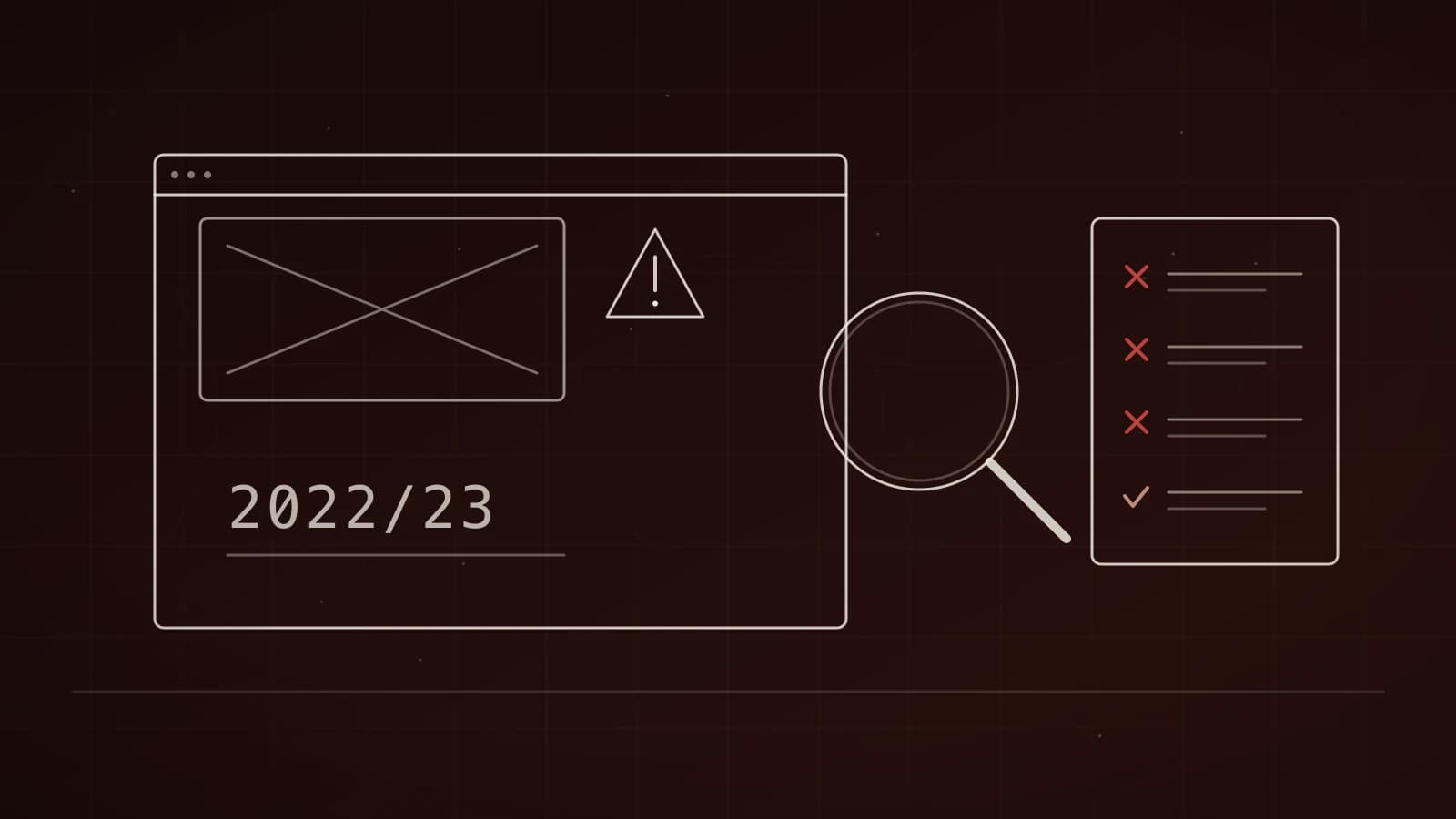Illustration: Browserfenster mit Warnhinweisen und leerem Bild unter der Lupe, daneben ein Kalender auf 2022