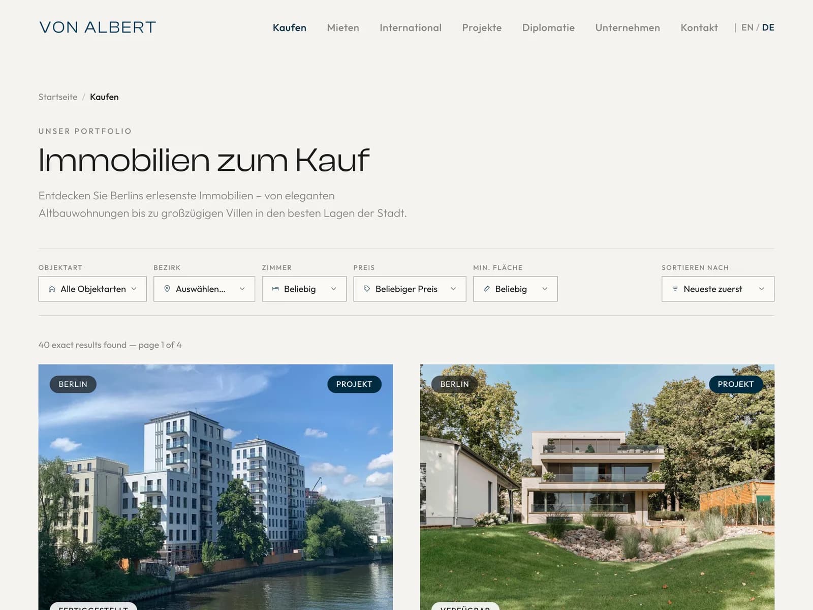 Screenshot: Objektsuche „Immobilien zum Kauf“ mit Filtern für Objektart, Bezirk, Zimmer und Preis