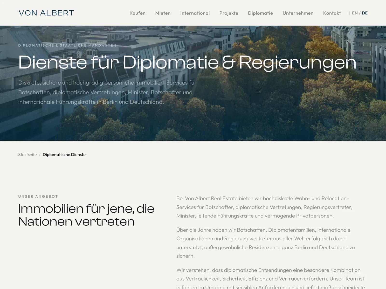 Screenshot: Bereich „Dienste für Diplomatie & Regierungen“