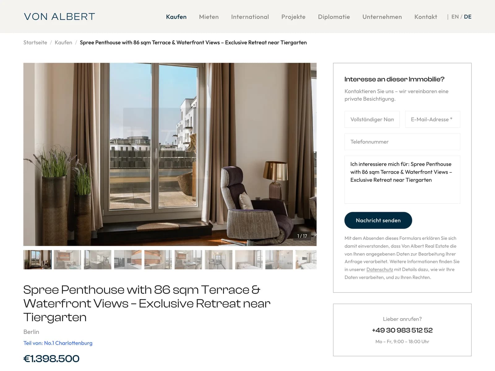 Screenshot: Exposé-Seite eines Spree-Penthouses mit Bildergalerie und Kontaktformular