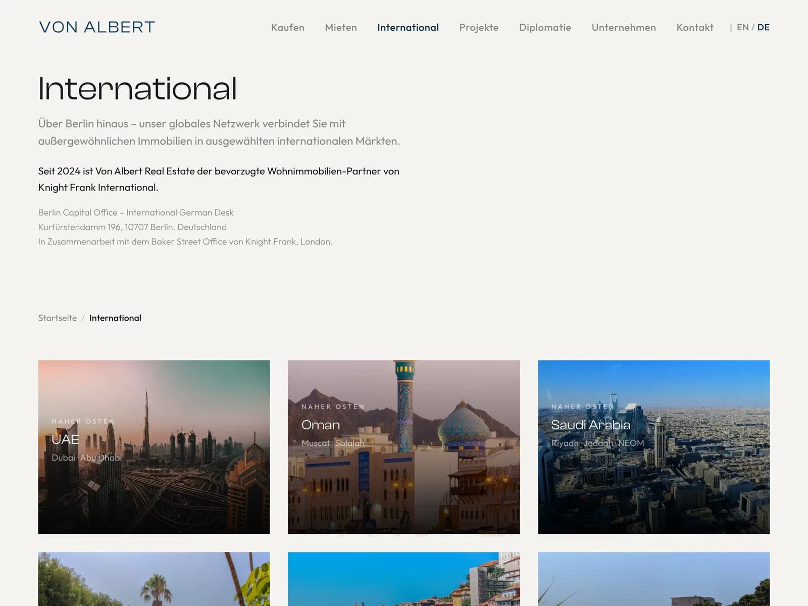 Screenshot: Bereich International mit Zielmärkten wie UAE, Oman und Saudi-Arabien